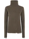 Uma Wang Ribbed Turtleneck Top Distressed Hem In Green
