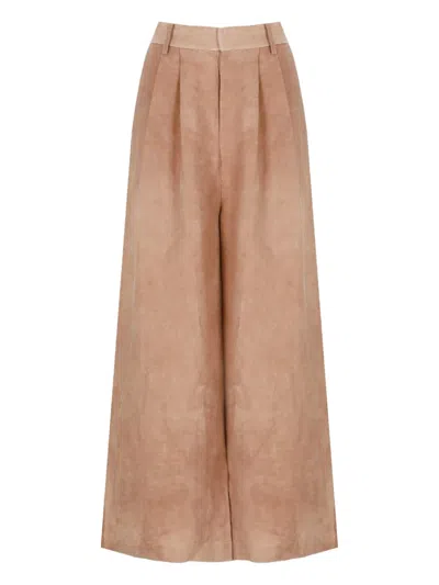 Uma Wang Linen And Cotton High Waist Trousers In Brown
