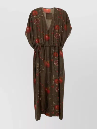 UMA WANG POMEGRANATE PRINT A-LINE DRESS V-NECK