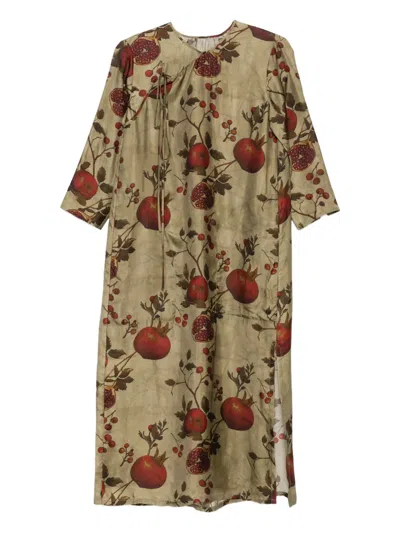 Uma Wang Pomegranate-print Tie-front Midi Dress In Brown