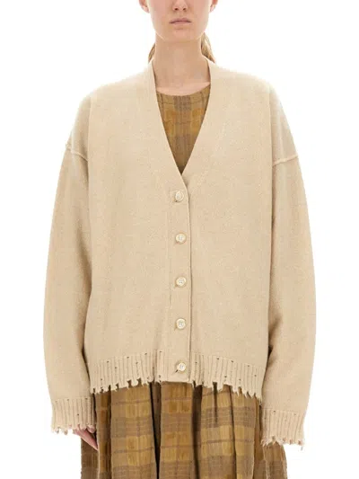 UMA WANG RELAXED FIT CASHMERE CARDIGAN WITH V-NECKLINE AND DISTRESSED EDGES