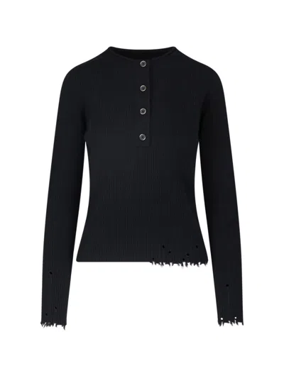Uma Wang Ribbed Cashmere Sweater With Button-up Front And Distressed Finish In Black