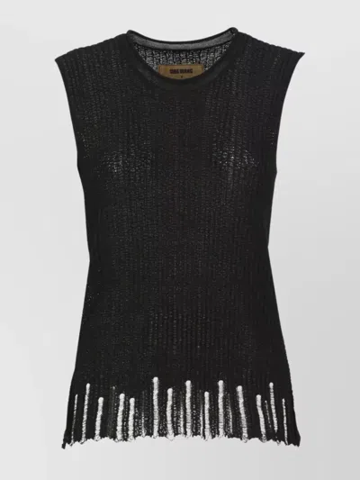 Uma Wang Ribbed Cotton Silk Crewneck Metallic Sheer Top In Blue