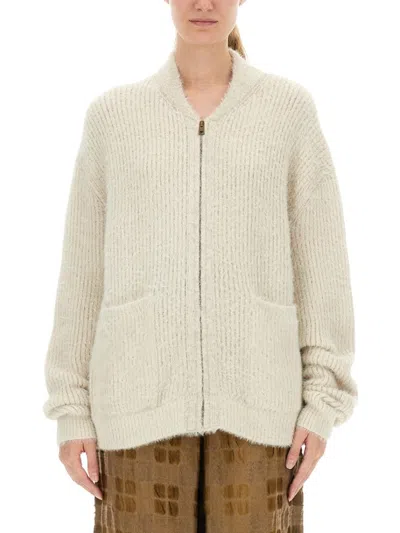 UMA WANG RIBBED KNIT CARDIGAN WITH PLUSH TEXTURE AND ZIPPER CLOSURE