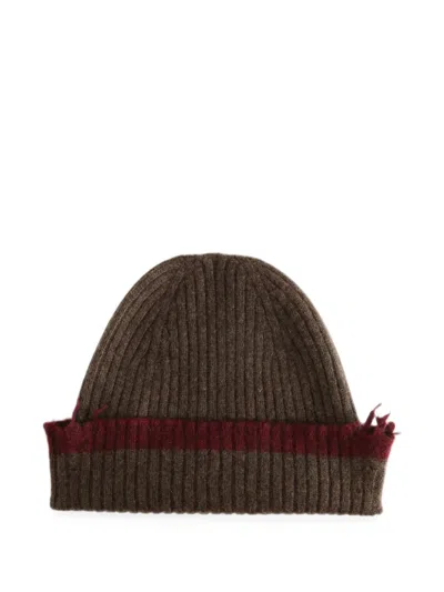 Uma Wang Ribbed-knit Frayed Beanie Hat In Brown