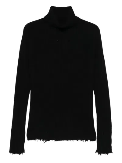 Uma Wang Roll-neck Frayed-edge Sweater In Black