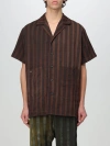 Uma Wang Striped Shirt With Oversized Collar And Textured Fabric In Brown