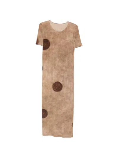 Uma Wang Short-sleeved Midi Dress With Polka Dot Print In Brown