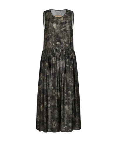 Uma Wang Green And Grey Floral Moulay Ardal Midi Dress In Black