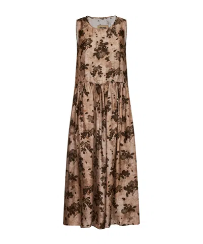 Uma Wang Tan And Brown Floral Moulay Ardal Midi Dress