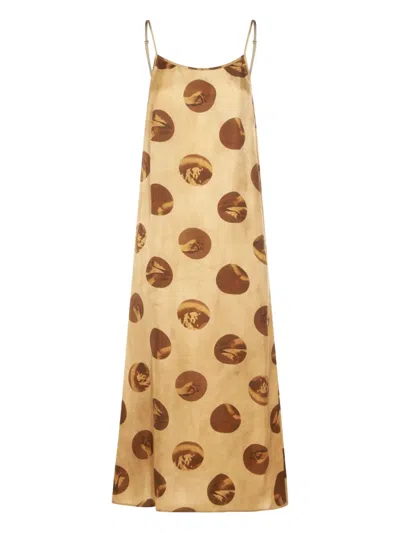 Uma Wang Anaya Brown Sleeveless Dress With Round Neck And All-over Motif In Viscose Blend Woman In Multi