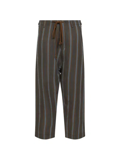 Uma Wang Brown And Blue Striped Linen And Viscose Straight Trousers