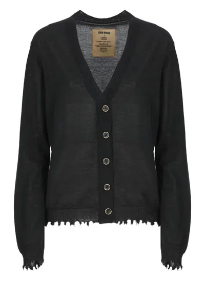 Uma Wang V-neck Frayed-edge Cardigan In Black