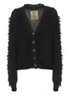 Uma Wang Textured Black Cotton Cardigan With Fringed Details In Black