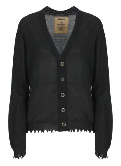 Uma Wang Frayed Hem V-neck Over Cardigan Knitwear In Black