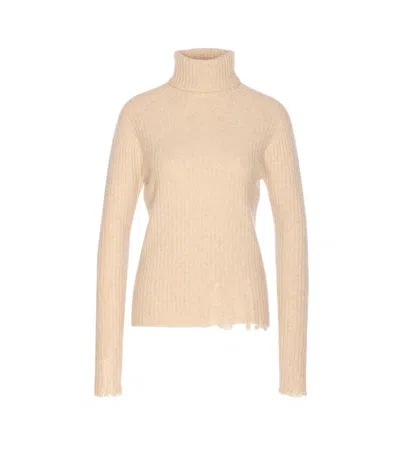 Uma Wang High Neck Turtleneck Knitwear With Distressed Ribbed Texture In Neutral