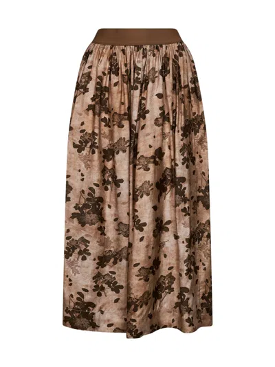 Uma Wang Tan And Brown Floral Moulay Gillian Midi Skirt