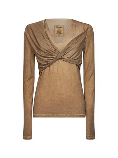 Uma Wang Tan Stretch Jersey Twisted T-shirt In Brown