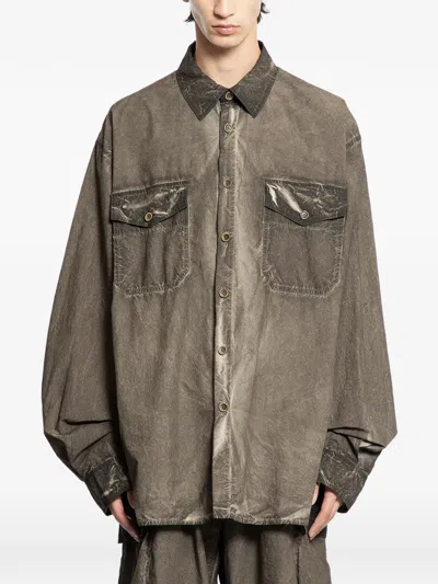 Uma Wang Neutrals Tavis Distressed Flap Pockets Cotton Shirt In Brown