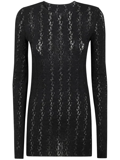 Uma Wang Sheer Lace Long Sleeve Round Neck Top In Black