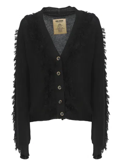 Uma Wang Textured Black Cotton Cardigan With Fringed Details