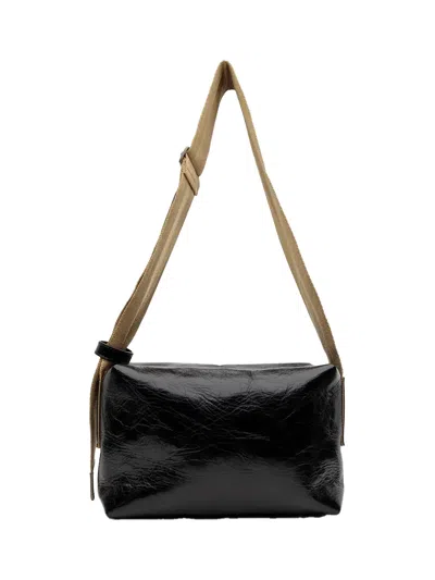 Uma Wang Textured Leather With Contrast Strap Shoulder Bag In Black