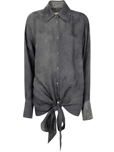Uma Wang Long Sleeve Tie Front Patterned Top In Gray