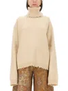 Uma Wang Ribbed Turtleneck Cashmere Sweater With Fringed Finish In Beige