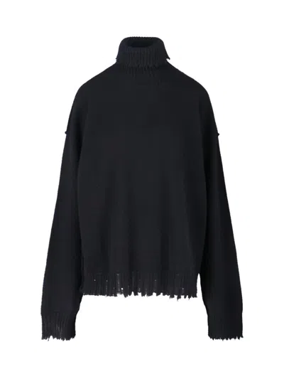 Uma Wang Knitwear Turtleneck Ribbed Distressed Hem Long Sleeves In Black