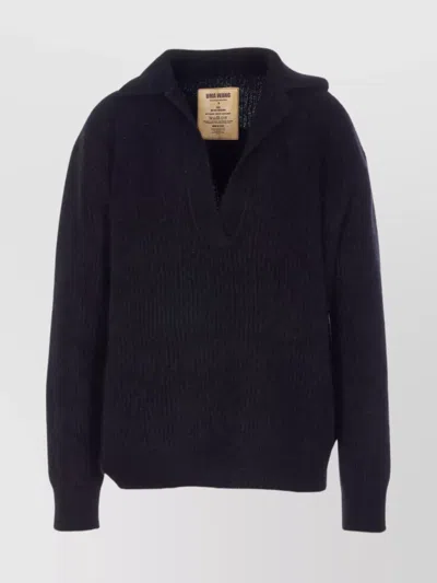 Uma Wang V-neck Long Sleeve Sweater With Collar Detail In Blue