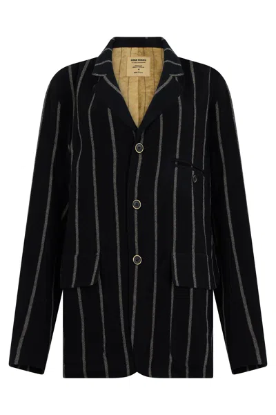 Uma Wang Vertical Striped Virgin Wool Blazer With Button-front Closure In Black
