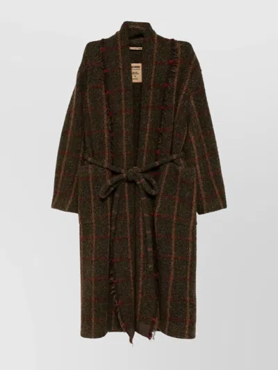 UMA WANG WAIST BELTED CHECKED PATTERN LONG SLEEVES COAT
