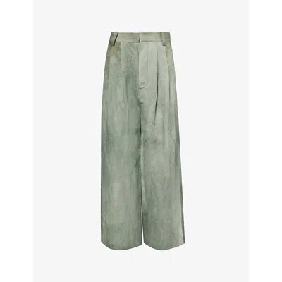 Uma Wang Womens Venice Blue Paella Distressed Relaxed-fit High-rise Linen And Cotton-blend Trousers