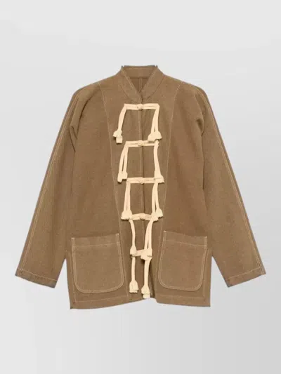 Uma Wang Wool Blend Band Collar Tassel Jacket In Brown