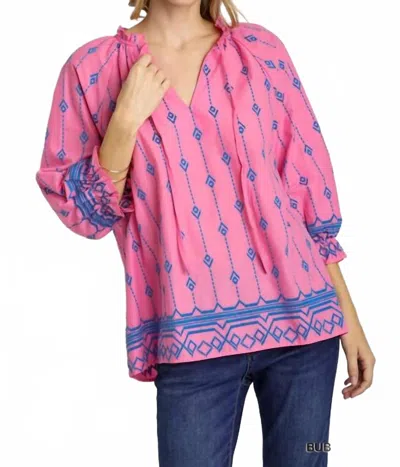 Umgee 3/4 Sleeve Embroidery Ruffle Top In Pink