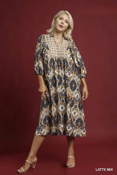 Umgee 3/4 Sleeve Midi Fall Dress In Latte Mix In Multi