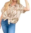 Umgee Abstract Collared Print Button Down Wide Top In Taupe In Beige