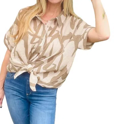 Umgee Abstract Collared Print Button Down Wide Top In Taupe In Beige