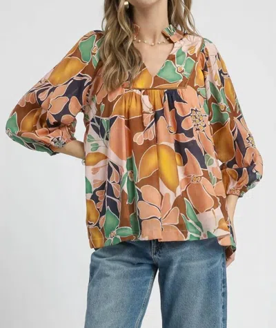 Umgee Abstract Floral Print Blouse With Ruffle Neck In Navy/gold Mix In Multi