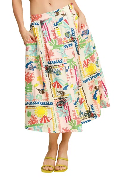 Umgee Abstract Print Front Button Down Skirt In Multi