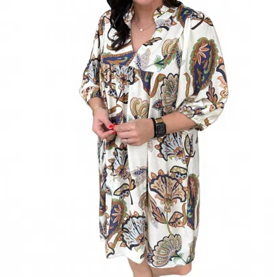 Umgee Abstract Print Puff Sleeve Babydoll Dress In Cream In Multi