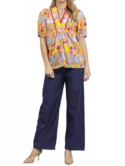 Umgee Abstract Print Puff Sleeve Lace Trim Blouse In Yellow
