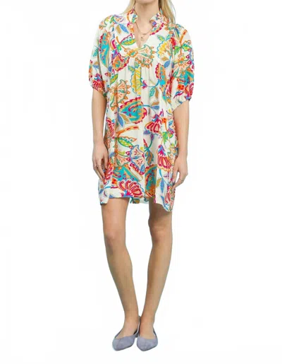 Umgee Abstract Print Ruffled Neck Mini Dress In Cream Mix In Multi
