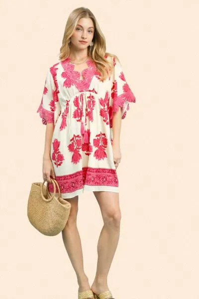 Umgee Abstract Print V-neck Tiered Mini Dress In Pink Mix In Multi
