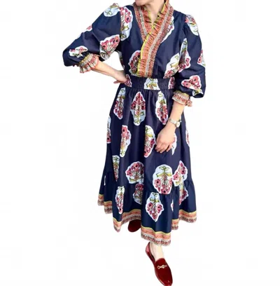 Umgee Adalia Ruffle Midi Dress In Navy In Blue