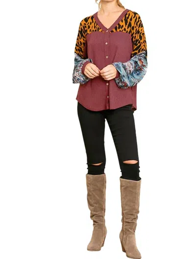 Umgee Animal & Aztec Waffle Knit Top In Berry In Multi