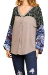 Umgee Animal & Aztec Waffle Knit Top In Mocha Gray In Multi