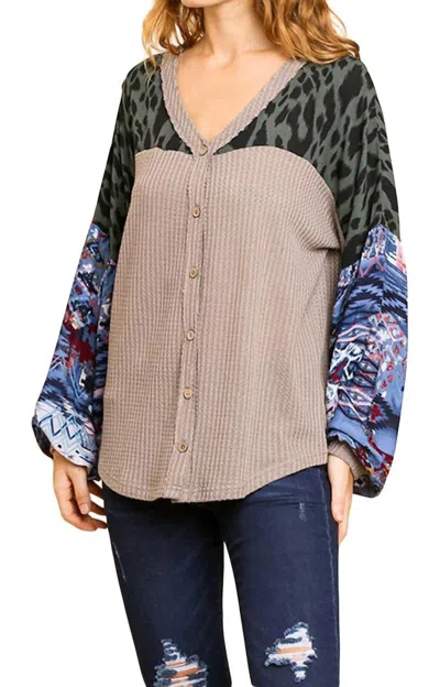 Umgee Animal & Aztec Waffle Knit Top In Mocha Gray In Multi