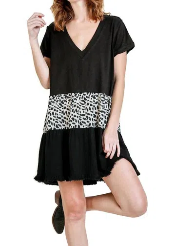 Umgee Animal And Ruffle Tiered Mini Dress In Black Mix