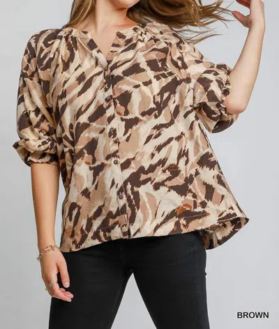 Umgee Animal Print Button Down Top In Brown